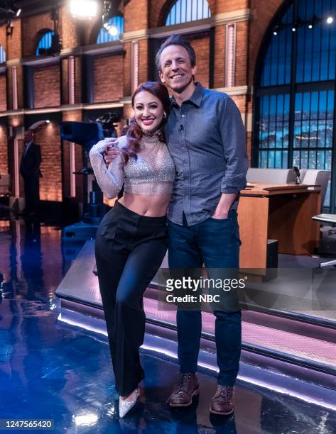 Episode 1398 -- Pictured: Actress Francia Raisa poses with Host Seth Meyers during commercial break on February 28, 2023 --