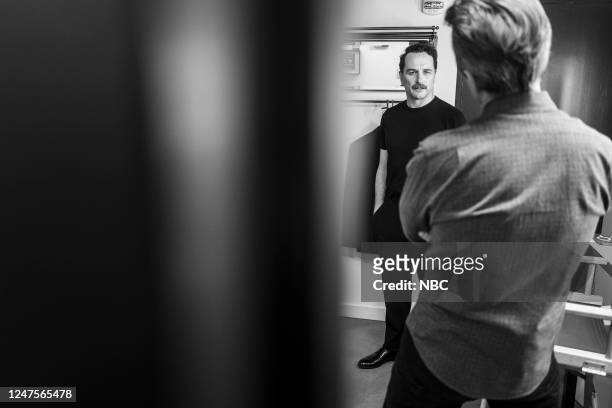 Episode 1398 -- Pictured: Actor Matthew Rhys talks with Host Seth Meyers backstage on February 28, 2023 --