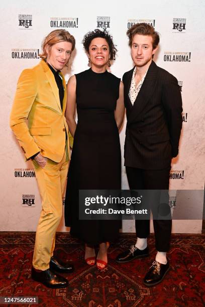 Patrick Vaill, Anoushka Lucas and Arthur Darvill attend the press night after party for "Oklahoma!" at Sophie's Soho on February 28, 2023 in London,...
