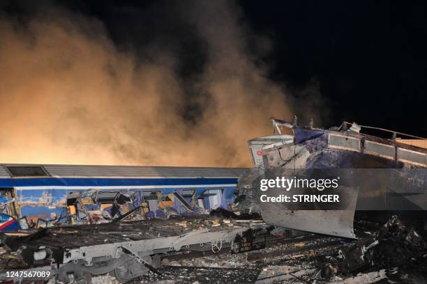 Rail accident involving a collision between a cargo and a passenger train in the Evangelismos area of Larissa, Greece on March 1, 2023.