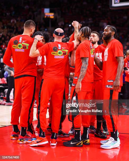 Chicago Bulls huddle up before the game against the Toronto Raptors on February 28, 2023 at the Scotiabank Arena in Toronto, Ontario, Canada. NOTE TO...