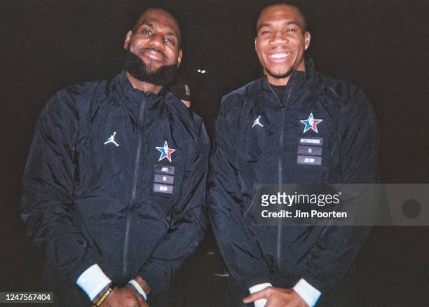 LeBron James of Team LeBron and Giannis Antetokounmpo of Team Giannis poses for a photo before the NBA All-Star Game as part of 2023 NBA All Star...
