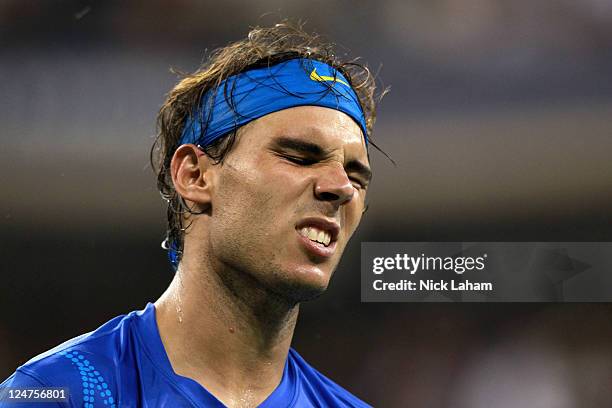 Rafael Nadal of Spain reacts against Novak Djokovic of Serbia during the Men's Final on Day Fifteen of the 2011 US Open at the USTA Billie Jean King...