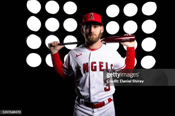 Taylor Ward of the Los Angeles Angels poses for a photo during the Los Angeles Angels Photo Day at Tempe Diablo Stadium on Tuesday, February 21, 2023...