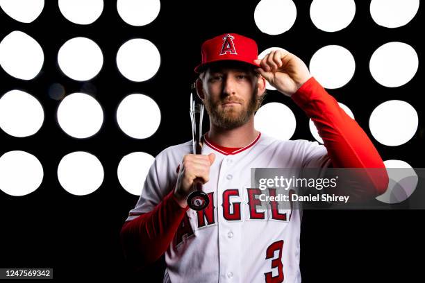 Taylor Ward of the Los Angeles Angels poses for a photo during the Los Angeles Angels Photo Day at Tempe Diablo Stadium on Tuesday, February 21, 2023...