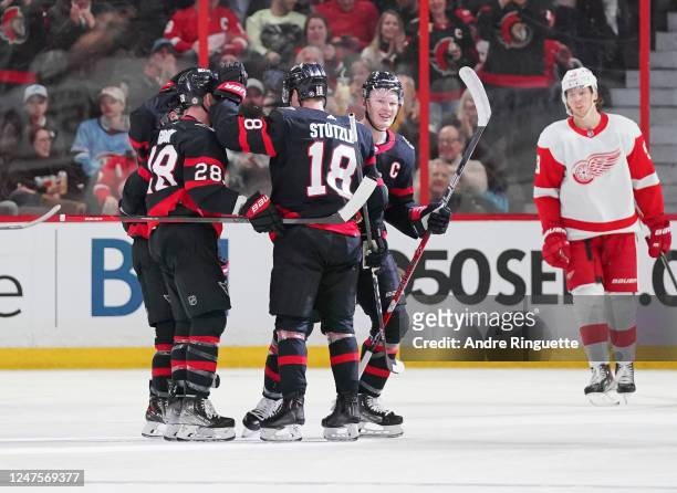 Claude Giroux of the Ottawa Senators celebrates his second period goal against the Detroit Red Wings at Canadian Tire Centre on February 28, 2023 in...