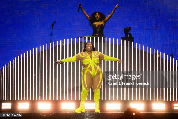 Singer Lizzo performs live on stage during a concert at the Mercedes-Benz Arena on February 28, 2023 in Berlin, Germany.
