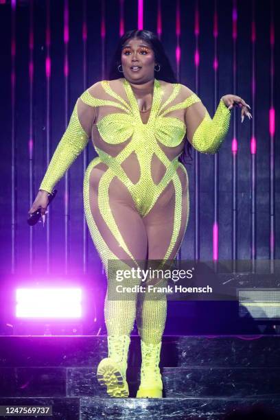 Singer Lizzo performs live on stage during a concert at the Mercedes-Benz Arena on February 28, 2023 in Berlin, Germany.