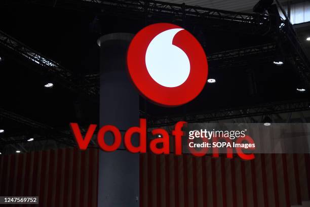 The Vodafone brand logo during the Mobile World Congress Barcelona 2023. Mobile World Congress Barcelona 2023 is the largest and most influential...
