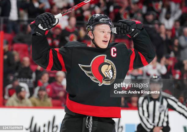 Brady Tkachuk of the Ottawa Senators celebrates his third period goal against the Detroit Red Wings at Canadian Tire Centre on February 28, 2023 in...