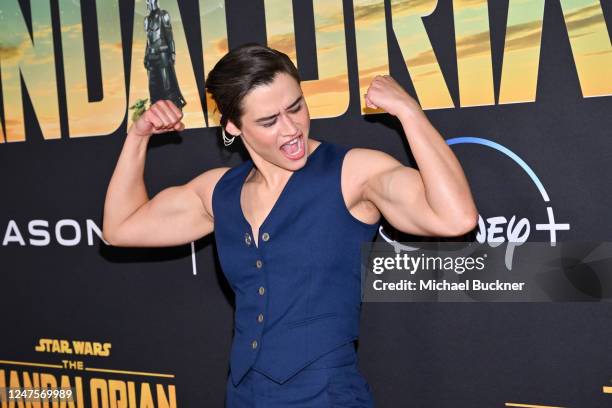 Katy O'Brian at the launch event for season 3 of "The Mandalorian" held at El Capitan Theatre on February 28, 2023 in Los Angeles, California.