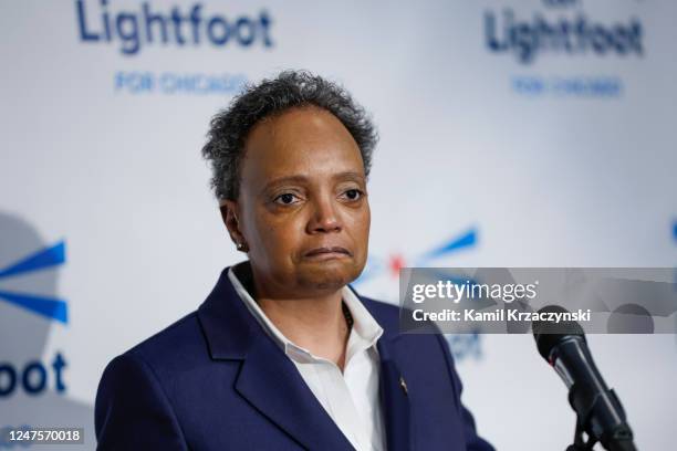 Chicago Mayor Lori Lightfoot speaks at an election night rally at Mid-America Carpenters Regional Council on February 28, 2023 in Chicago, Illinois....