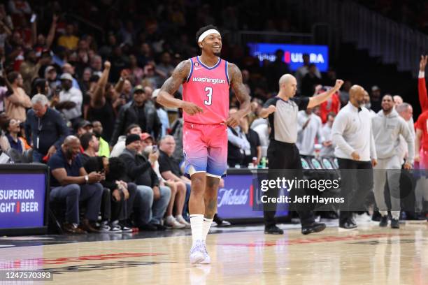 Bradley Beal of the Washington Wizards smiles during the game against the Atlanta Hawks on February 28, 2023 at State Farm Arena in Atlanta, Georgia....