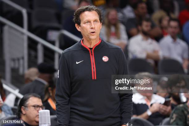 Head Coach Quin Snyder of the Atlanta Hawks looks on during the game against the Washington Wizards on February 28, 2023 at State Farm Arena in...