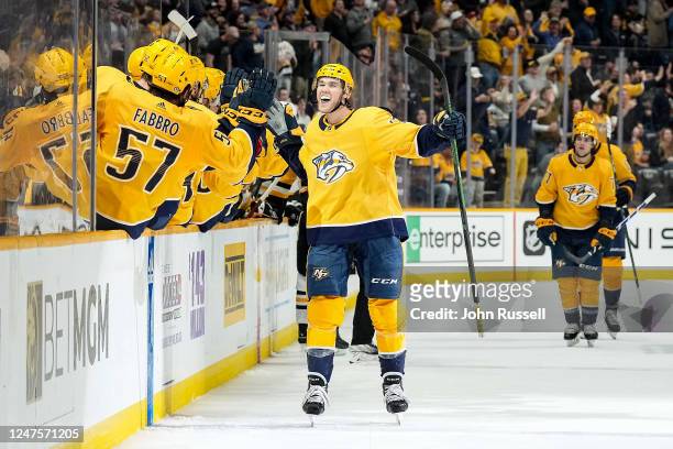Mark Jankowski of the Nashville Predators celebrates his goal against the Pittsburgh Penguins during an NHL game at Bridgestone Arena on February 28,...