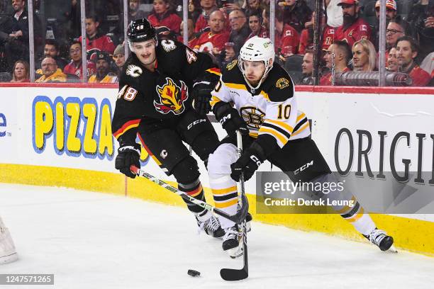 Dennis Gilbert of the Calgary Flames fights A.J. Greer of the Boston Bruins during the second period of an NHL game at Scotiabank Saddledome on...