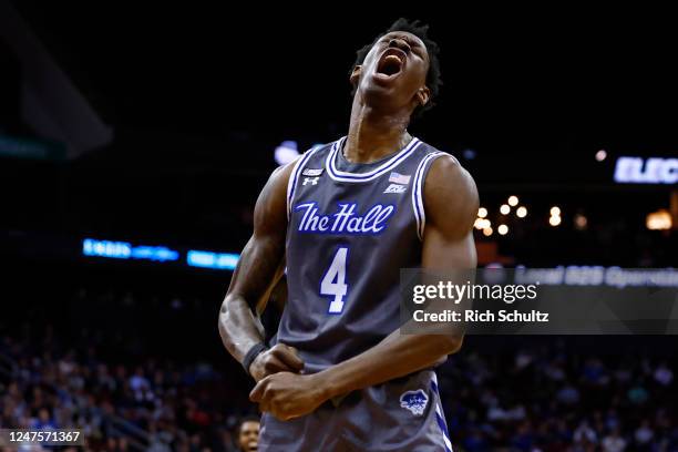 Tyrese Samuel of the Seton Hall Pirates reacts after scoring a basket against the Villanova Wildcats during the second half of a game at Prudential...