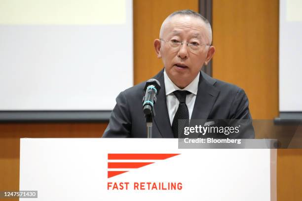 Tadashi Yanai, chairman and chief executive officer of Fast Retailing Co., speaks during the company's induction ceremony in Tokyo, Japan, on...