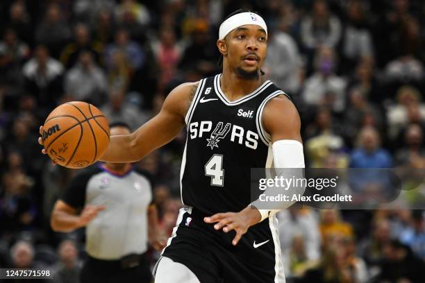 Devonte' Graham of the San Antonio Spurs in action during the second half of a game against the Utah Jazz at Vivint Arena on February 28, 2023 in...