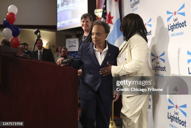 Mayor Lori Lightfoot takes the stage to give a concession speech during her election night watch party at the Mid-America Carpenters Regional Council...