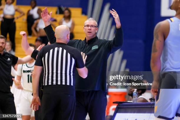 Ohio Bobcats head coach Jeff Boals argues a call with an official during the second half of the college basketball game between the Ohio Bobcats and...