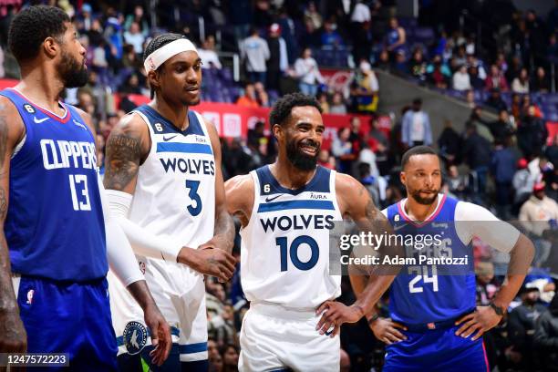 Mike Conley of the Minnesota Timberwolves smiles during the game against the LA Clippers on February 28, 2023 at Crypto.Com Arena in Los Angeles,...