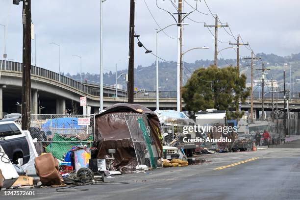 View of homeless encampment on a street in West Oakland, California, United States on February 28, 2023. A federal judge has given the city can clear...