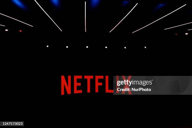 Netflix logo being shown during a keynote about the future of entertainment on the second day of the Mobile World Congress 2023 on February 28 in...