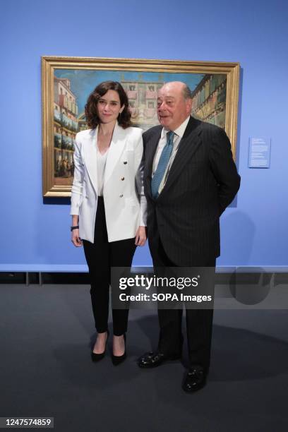 President of the Community of Madrid, Isabel Diaz Ayuso and Juan Abelló Gallo attend the opening of the exhibition "Madrid in the Abello Collection"...