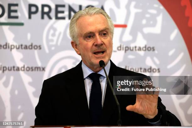 February 28 Mexico City, Mexico: The president of the Chamber of Deputies, Santiago Creel Miranda at a press conference at the legislative enclosure...