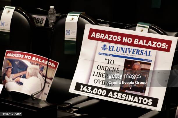 February 28 Mexico City, Mexico: In the seats of the legislators of the National Action Party coloured banners with the photograph of the president...