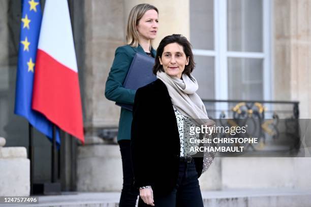 French Sports Minister Amelie Oudea-Castera and French Secretary of State for Ecology Berangere Couillard leave the Elysee presidential palace after...