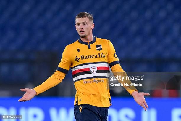 Michael Cuisance of UC Sampdoria gestures during the Serie A match between SS Lazio and UC Sampdoria at Stadio Olimpico on February 27, 2023 in Rome,...