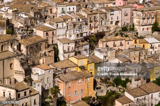 Aerial view on the houses of the Late Baroque town of Ragusa Ibla, perched on a hill.