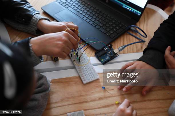 Palestinian female students in the Arduino Applications training at Spark for Innovation and Creativity. In Gaza City on February 28, 2023.