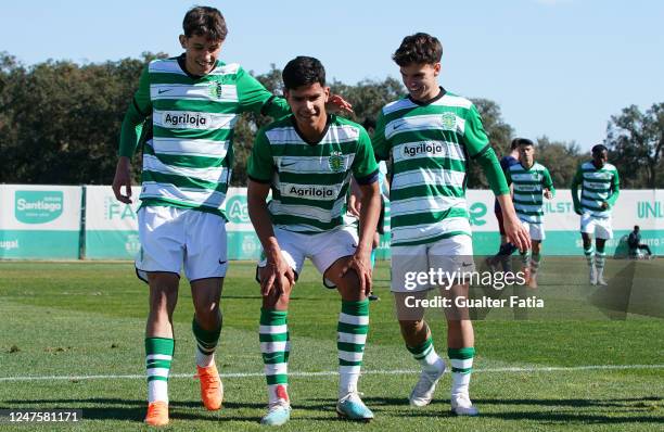 Mateus Fernandes of Sporting CP celebrates with teammates after scoring a goal during the Round of 16 - UEFA Youth League match between Sporting CP...