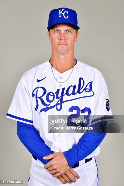 Zack Greinke of the Kansas City Royals poses for a photo during the Kansas City Royals Photo Day at Surprise Stadium on Wednesday, February 22, 2023...