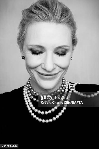 Actor Cate Blanchett is photographed backstage at the 2023 EE BAFTA Film Awards, held at The Royal Festival Hall on February 19, 2023 in London,...