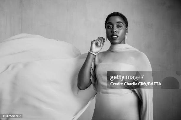 Actor Lashana Lynch is photographed backstage at the 2023 EE BAFTA Film Awards, held at The Royal Festival Hall on February 19, 2023 in London,...