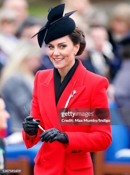 Catherine, Princess of Wales attends the St David's Day Parade during a visit to the 1st Battalion Welsh Guards at Combermere Barracks on March 1,...