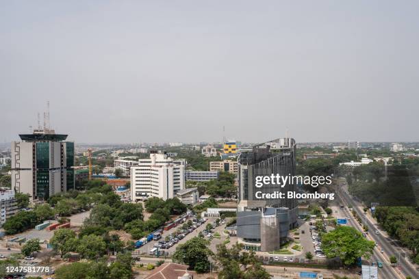Commercial high-rise office buildings on the skyline in Accra, Ghana, on Tuesday, Feb. 28, 2023. Ghanas cedi, the worlds second-worst performing...