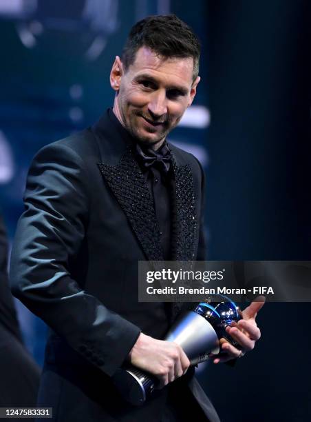 Lionel Messi of PSG and Argentina with his trophy after being named The Best FIFA Mens Player during The Best FIFA Football Awards 2022 at Salle...