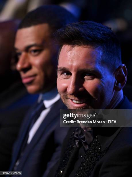 Lionel Messi of PSG and Argentina and Kylian Mbappé of PSG and France during The Best FIFA Football Awards 2022 at Salle Pleyel on February 27, 2023...