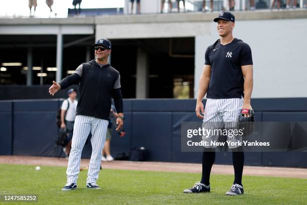 Nick Swisher talks to Aaron Judge of the New York Yankees during Spring Training at George M. Steinbrenner Field on February 23, 2023 in Tampa,...