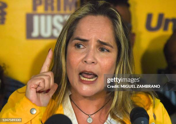 The president of the opposition Primero Justicia political party, Maria Beatriz Martinez, speaks during a press conference to announce the candidacy...