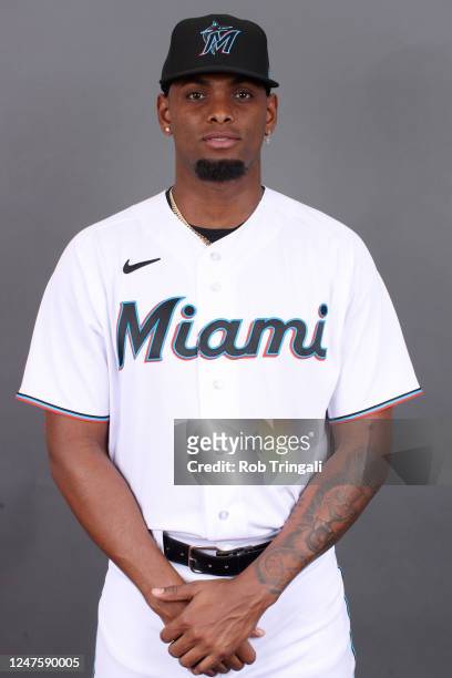 Edward Cabrera of the Miami Marlins poses for a photo during the Miami Marlins Photo Day at Roger Dean Chevrolet Stadium on Wednesday, February 22,...