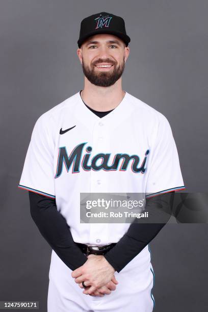 Jon Berti of the Miami Marlins poses for a photo during the Miami Marlins Photo Day at Roger Dean Chevrolet Stadium on Wednesday, February 22, 2023...