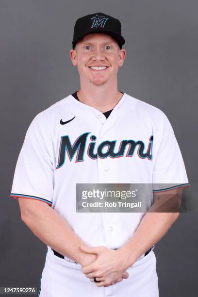 Garrett Cooper of the Miami Marlins poses for a photo during the Miami Marlins Photo Day at Roger Dean Chevrolet Stadium on Wednesday, February 22,...