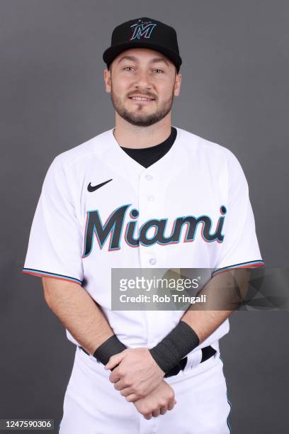 Garrett Hampson of the Miami Marlins poses for a photo during the Miami Marlins Photo Day at Roger Dean Chevrolet Stadium on Wednesday, February 22,...