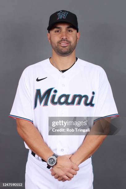 Bench Coach Luis Urueta of the Miami Marlins poses for a photo during the Miami Marlins Photo Day at Roger Dean Chevrolet Stadium on Wednesday,...